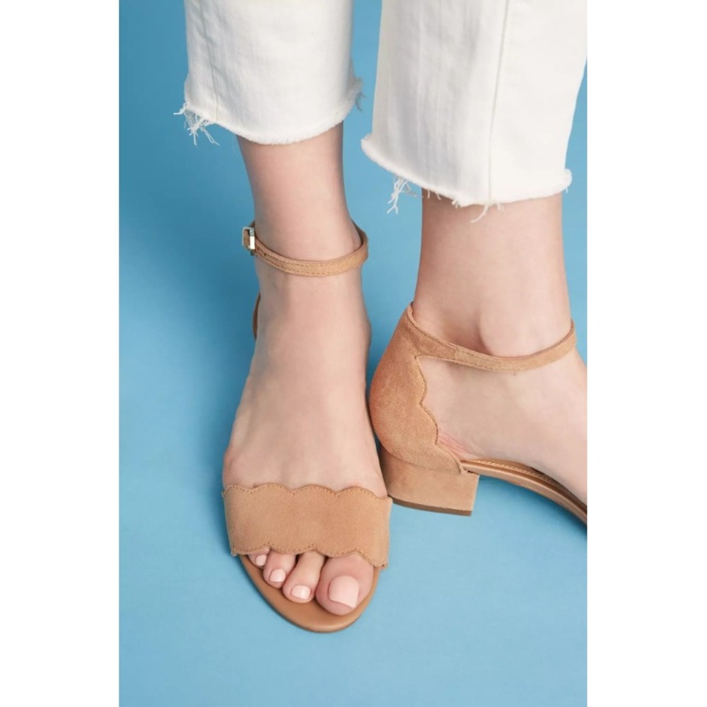 Sam Edelman Inara Scalloped Edge Suede Block Heel Sandals Tan Nude Boho 7.5 M - Picture 3 of 10